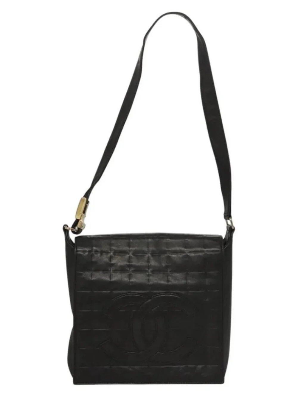 CHANEL Choco Bar line Shoulder Bag Lamb Skin Black CC Auth mr1233